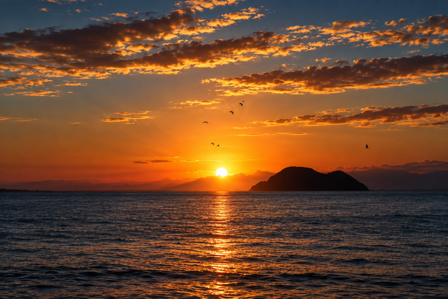 Atardecer sobre el mar, con nubes doradas y aves en el cielo