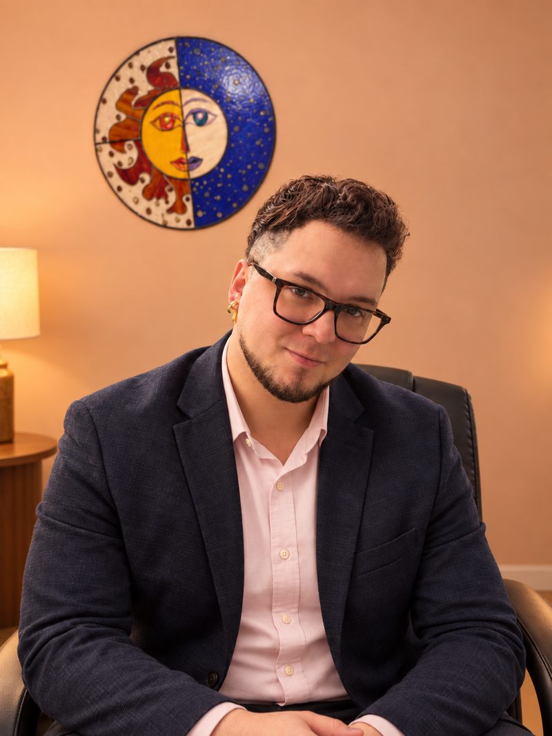 Iván Oda sentado en su consulta, con chaqueta azul y camisa rosada